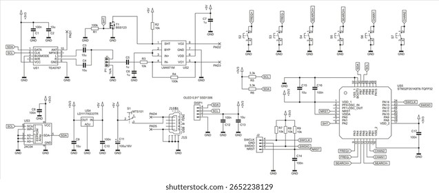 Schematic diagram of electronic device on white paper sheet. Vector drawing electrical circuit with
resistor, capacitor, integrated circuit, 
usb connector, memory chip,
diode, microcontroller, other 