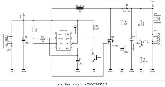 Diagrama esquemático do dispositivo eletrônico em folha de papel. Circuito elétrico de desenho vetorial com conector,
resistência, condensador, circuito integrado,
transístores, díodos, outros componentes