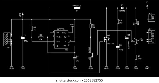 Diagrama esquemático del dispositivo electrónico en hoja de papel. Circuito eléctrico de extracción de Vector con conector,
resistencia, condensador, circuito integrado,
transistor, diodo, otros componentes.