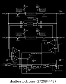 Diagrama esquemático del dispositivo electrónico en hoja de papel. Circuito eléctrico de Vector con componentes:  
condensador, resistencia, interruptor, amplificador operativo, elemento lógico del circuito integrado.
