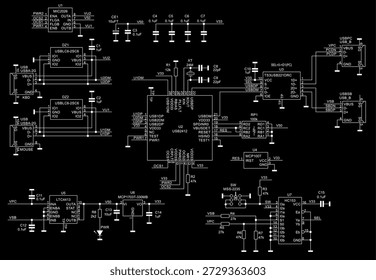 Schematic diagram of electronic device on sheet of paper. Vector drawing electrical circuit with
capacitor, resistor, cpu microcontroller, integrated 
circuit, usb, led diode other components.