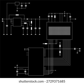 Schematic diagram of electronic device on sheet of paper. Vector drawing electrical circuit with
capacitor, resistor, cpu microcontroller, integrated 
circuit, diode, lcd display, other components.