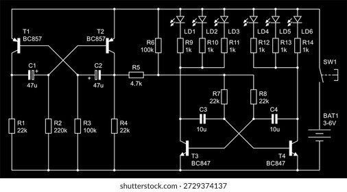 Schematic diagram of electronic device on sheet of paper. Vector drawing electrical circuit with led indicator,  capacitor, resistor, transistor, power supply,
battery, button, other components.