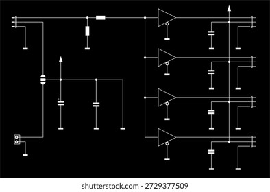 Schematic diagram of electronic device on sheet of paper. Vector drawing electrical circuit with  
capacitor, resistor, operational amplifier or logic element of integrated circuit, other components.