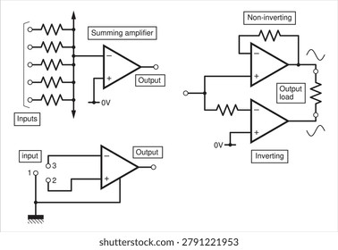Schematic diagram of electronic device 
on paper sheet. Vector drawing electrical circuit with 
integrated circuit of operational amplifier,
resistor, other components.
