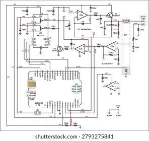 Schematic diagram of electronic device 
on paper sheet. Vector drawing electrical circuit with 
integrated circuit of operational amplifier,
transistor, capacitor, resistor, board,
other components.