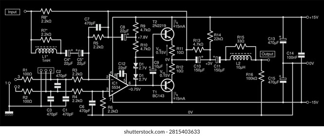 Schematic diagram of electronic device 
on paper sheet. Vector drawing electrical circuit with 
integrated circuit of operational amplifier,
transistor, capacitor, resistor, diode, induction coil,
other components.