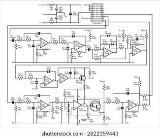 Schematic diagram of electronic device 
on paper sheet. Vector drawing electrical circuit with 
integrated circuit of operational amplifier,
transistor, capacitor, resistor, diode, connector,
other components.