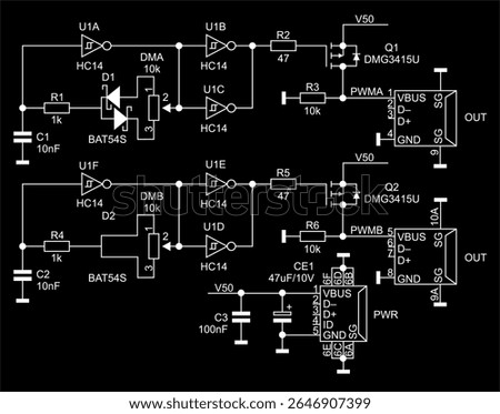 Schematic diagram of electronic device on paper sheet. Vector drawing electrical circuit with logic elements of integrated circuit,
diode, usb connector, capacitor, resistor, transistor,
other.