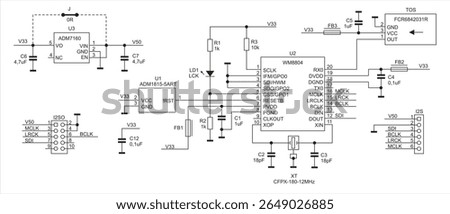 Schematic diagram of electronic device on white paper sheet. Vector drawing electrical circuit with
resistor, capacitor, integrated circuit,
diode, microcontroller, led indicator, other components.