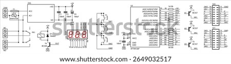 Schematic diagram of electronic device on white paper sheet. Vector drawing electrical circuit with
resistor, capacitor, integrated circuit,
diode, microcontroller, led display, other components.