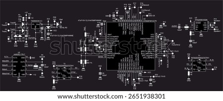 Schematic diagram of electronic device on sheet of paper. Vector drawing electrical circuit with microcontroller,
resistor, integrated circuit, capacitor, diode,
other components.
