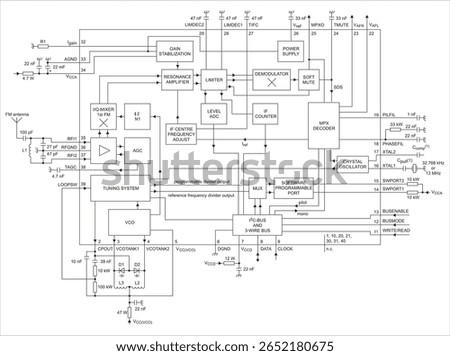 Schematic diagram of electronic device on white paper sheet.
Vector drawing electrical circuit with antenna,
resistor, capacitor, decoder, demodulator,
diode, counter, power supply, other components.