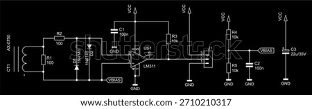 Schematic diagram of electronic device on sheet of paper. Vector drawing electrical circuit with integrated circuit of operational amplifier, connector, resistor, capacitor, diode, transformer, other.