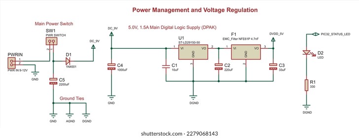 Schematic diagram of electronic device 
(power management and voltage regulation).
Vector drawing electrical circuit with diode, 
capacitor, resistor, led, switch
and other electronic components.