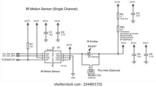 Schematic diagram of electronic device (single channel
ir motion sensor).
Vector drawing electrical circuit with
led indicator, connector, resistor, capacitor, connecting contacts,
power and ground.