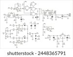 Schematic diagram of electronic device. Vector drawing electrical circuit with 
logic gate, operational amplifier, 
microcontroller, integrated circuit, 
resistor, capacitor, diode on paper sheet.