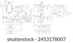 Schematic diagram of electronic device. Vector drawing electrical circuit with 
operational amplifier,
integrated circuit, diode, 
resistor, capacitor, transistor
on white background of paper sheet.