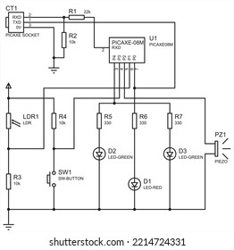 Schematic diagram of electronic device. Vector drawing electrical circuit with diod, button, resistor, led, socket
and other electronic components.