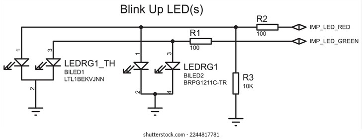 Schematic diagram of electronic device.
Vector drawing electrical circuit with resistor, led indicator and 
ground symbols.