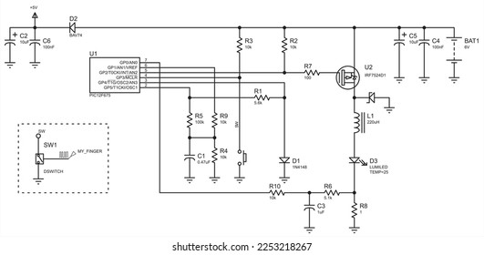 Schematic diagram of electronic device. Vector drawing electrical circuit with diode, button, resistor, 
microcontroller, battery power
and other electronic components.