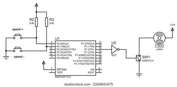 Schematic diagram of electronic device.
Vector drawing electrical circuit with button, resistor, motor
and other electronic components.