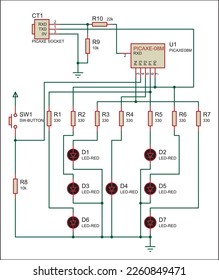 Schematic diagram of electronic device.
Vector drawing electrical circuit with button, resistor, led, socket
and other electronic components.