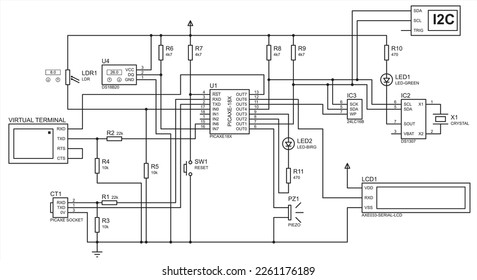 Schematic diagram of electronic device.
Vector drawing electrical circuit with button, 
resistor, led, socket, lcd, sensor,
terminal and other electronic components.