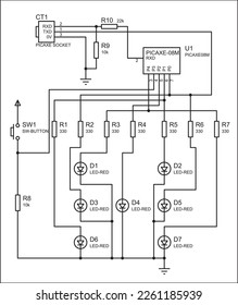 Schematic diagram of electronic device.
Vector drawing electrical circuit with button, resistor, led, socket
and other electronic components.