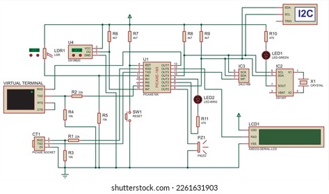 Schematic diagram of electronic device.
Vector drawing electrical circuit with button, 
resistor, led, socket, lcd, sensor,
terminal and other electronic components.