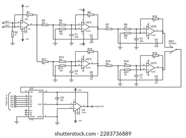 Schematic diagram of electronic device. Vector drawing electrical circuit with operational amplifier, 
resistor, capacitor, switch
and other electronic components.