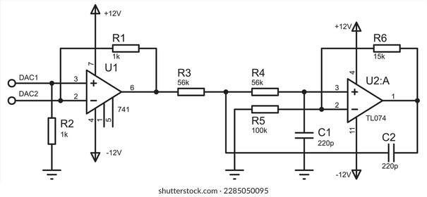 Schematic diagram of electronic device. Vector drawing electrical circuit with operational amplifier, 
resistor, capacitor and other electronic components.