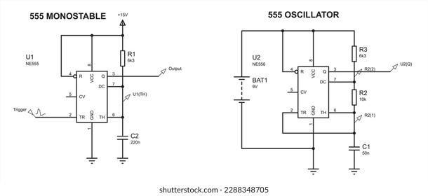 Schematic diagram of electronic device. Vector drawing electrical circuit with oscillator, monostable, battery,
resistor, capacitor
and other electronic components.