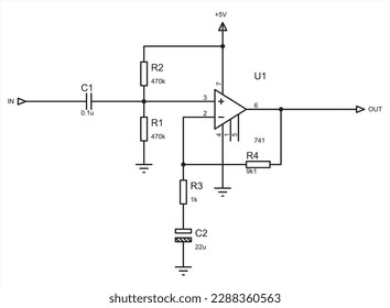 Schematic diagram of electronic device. Vector drawing electrical circuit with operational amplifier, 
resistor, capacitor
and other electronic components.