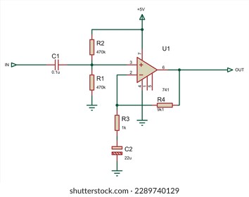 Schematic diagram of electronic device. Vector drawing electrical circuit with operational amplifier, 
resistor, capacitor
and other electronic components.