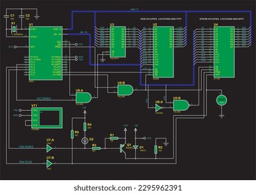 Schematic diagram of electronic device. Vector drawing electrical circuit with microcontroller, voltmeter,
ram and eprom chips, logic elements, resistor, capacitor
and other electronic components.