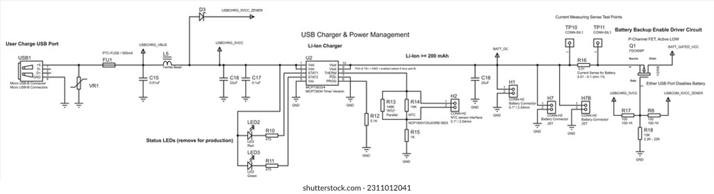 Schematic diagram of electronic device.
Vector drawing electrical circuit with 
micro usb connector, led, fuse, ferrite bead, timer,
resistor, capacitor
and other electronic components.