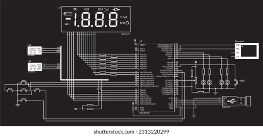 Schematic diagram of electronic device.
Vector drawing electrical circuit with 
microcontroller, temperature sensors,
led panel, keyboard, terminal, usb,
button, resistor, other electronic components.