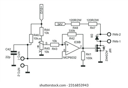 Schematic diagram of electronic device. Vector drawing electrical circuit with operational amplifier, resistor, capacitor, diode and other components.