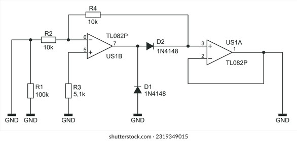 Schematic diagram of electronic device. 
Vector drawing electrical circuit with operational amplifier, 
resistor, capacitor, diode and other components.