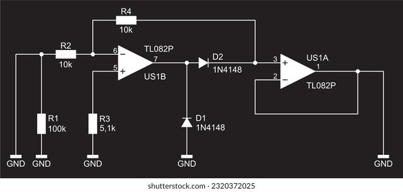 Schematic diagram of electronic device. 
Vector drawing electrical circuit with operational amplifier, 
resistor, capacitor, diode and other components.