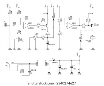 Schematic diagram of electronic device. 
Vector drawing electrical circuit with 
operational amplifier, transistor, relay,
resistor, capacitor, diode, connector 
and other components.