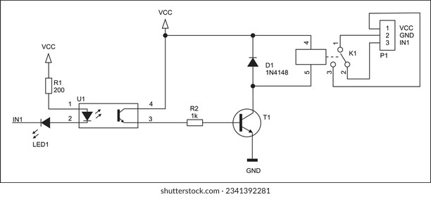 Schematic diagram of electronic device. 
Vector drawing electrical circuit with transistor,
relay, resistor, diode, led and other components.