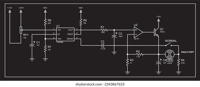 Diagrama esquemático del dispositivo electrónico.
Circuito eléctrico de dibujo de vectores con resistencia, 
amplificador operativo, transistor, condensador, motor servo
y otros componentes electrónicos.