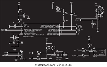 Schematic diagram of electronic device.
Vector drawing electrical circuit with diode, sensors, memory, mcu,
connector and other electronic components.