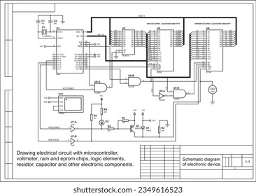 Schematic diagram of electronic device.
Vector drawing electrical circuit with microcontroller, voltmeter,
ram and eprom chips, logic elements, resistor, capacitor
and other electronic components.