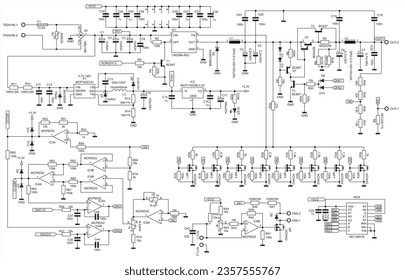 Schematic diagram of electronic device. Vector drawing electrical circuit with resistor, transistor, diode, coil, 
operational amplifier, power unit, integrated circuit.