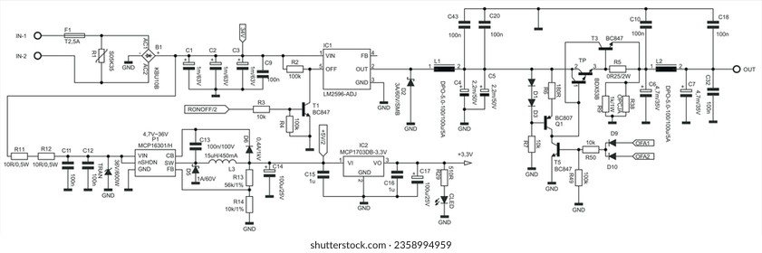Schematic diagram of electronic device. Vector drawing electrical circuit with resistor, transistor, diode, coil, 
led, power unit, integrated circuit.