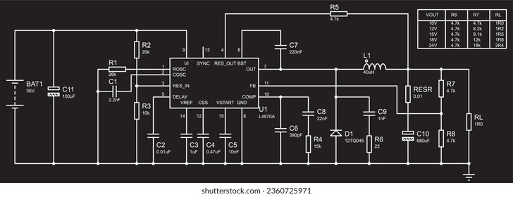 Schematic diagram of electronic device. Vector drawing electrical circuit with diode, resistor, capacitor, inductor, battery,
voltage stabilizer and other electronic components.