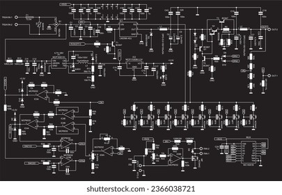 Schematic diagram of electronic device. Vector drawing electrical circuit with resistor, transistor, diode, coil, 
led, power unit, integrated circuit.